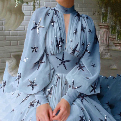 Sequined Slit Lantern Sleeve Formal Swing Dresses