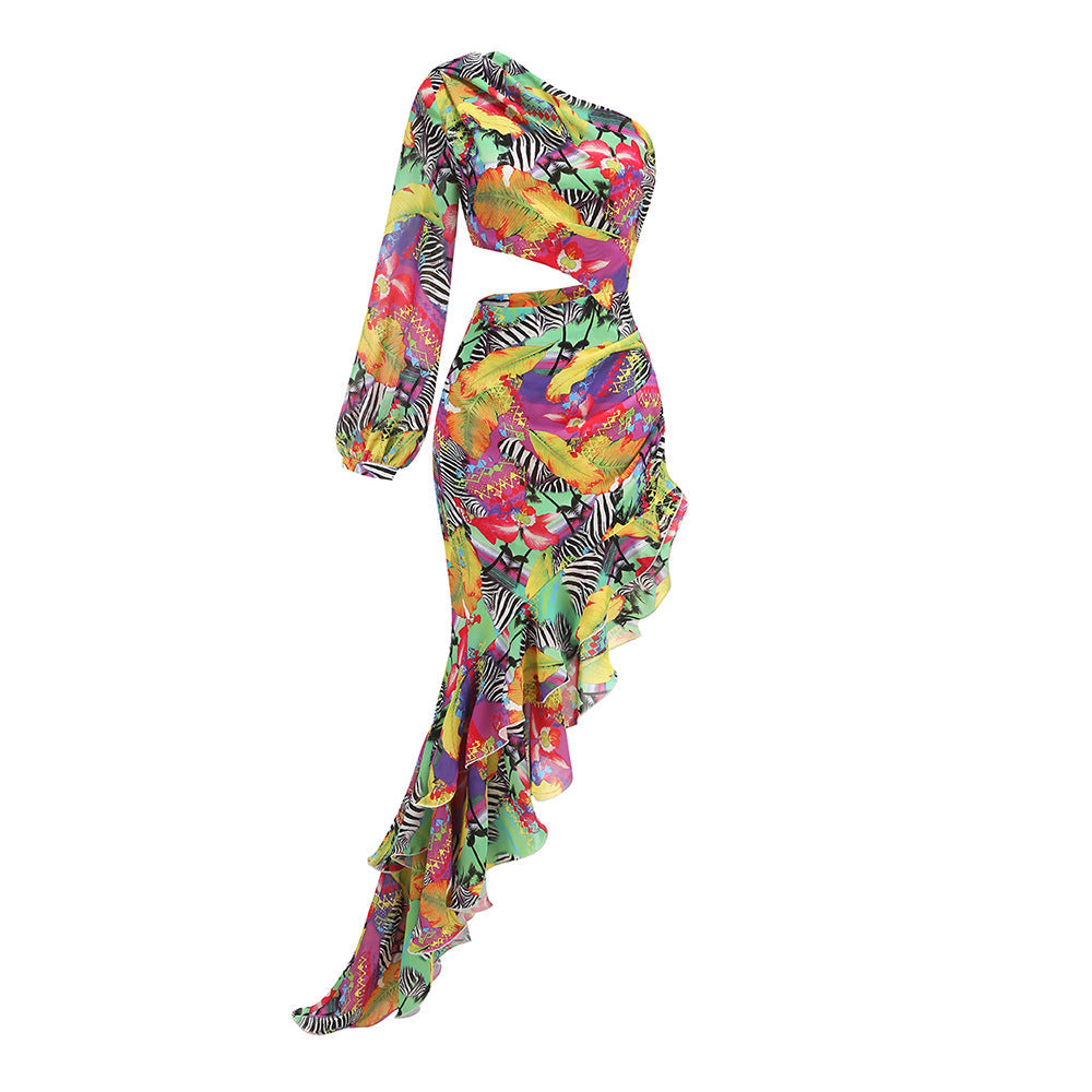 Women's Sexy Oblique Shoulder Single Sleeve Irregular Ruffled Dresses