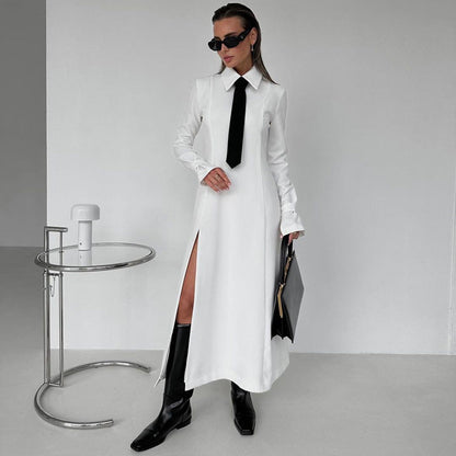 Women's Elegant College Style Lapel Long Sleeve Split Dresses