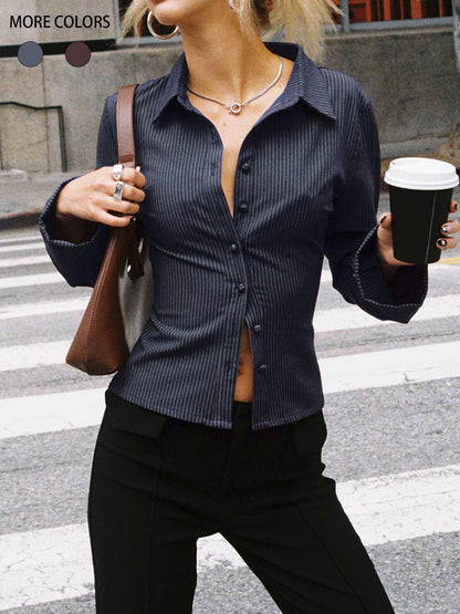 Lapel Breasted Long-sleeved Shirt Slim Striped Blouses