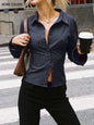 Lapel Breasted Long-sleeved Shirt Slim Striped Blouses