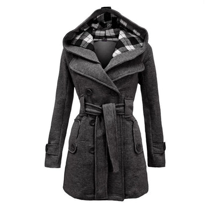 Women's Plaid Hooded Woolen Belt Double-breasted Long Coats