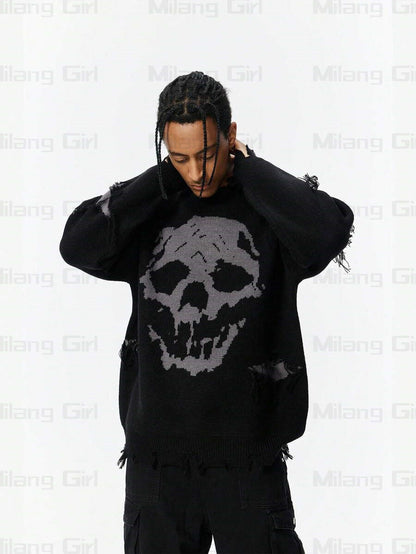 Skull Pattern Personality Street Ripped Pullover Sweaters