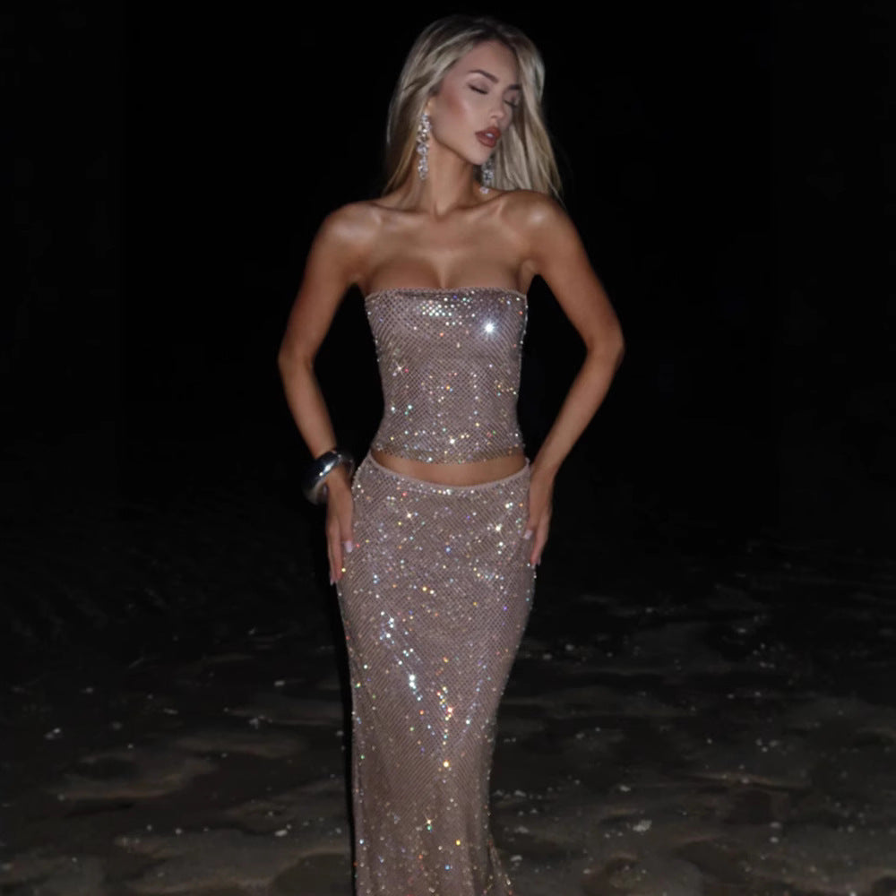 Women's Tube Dress Backless Lace Up Sequined Dresses