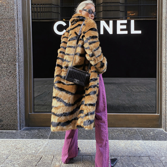 Fur Imitation Tiger Pattern Lengthened Artificial Wool Loose Coats