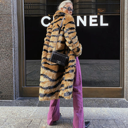 Fur Imitation Tiger Pattern Lengthened Artificial Wool Loose Coats