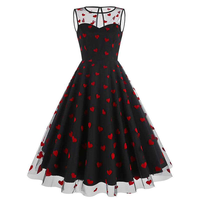 Round Neck Sleeveless Valentine's Day Mesh Embroidered Cherry Dresses