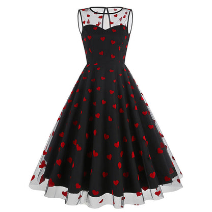 Round Neck Sleeveless Valentine's Day Mesh Embroidered Cherry Dresses