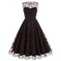 Round Neck Sleeveless Valentine's Day Mesh Embroidered Cherry Dresses