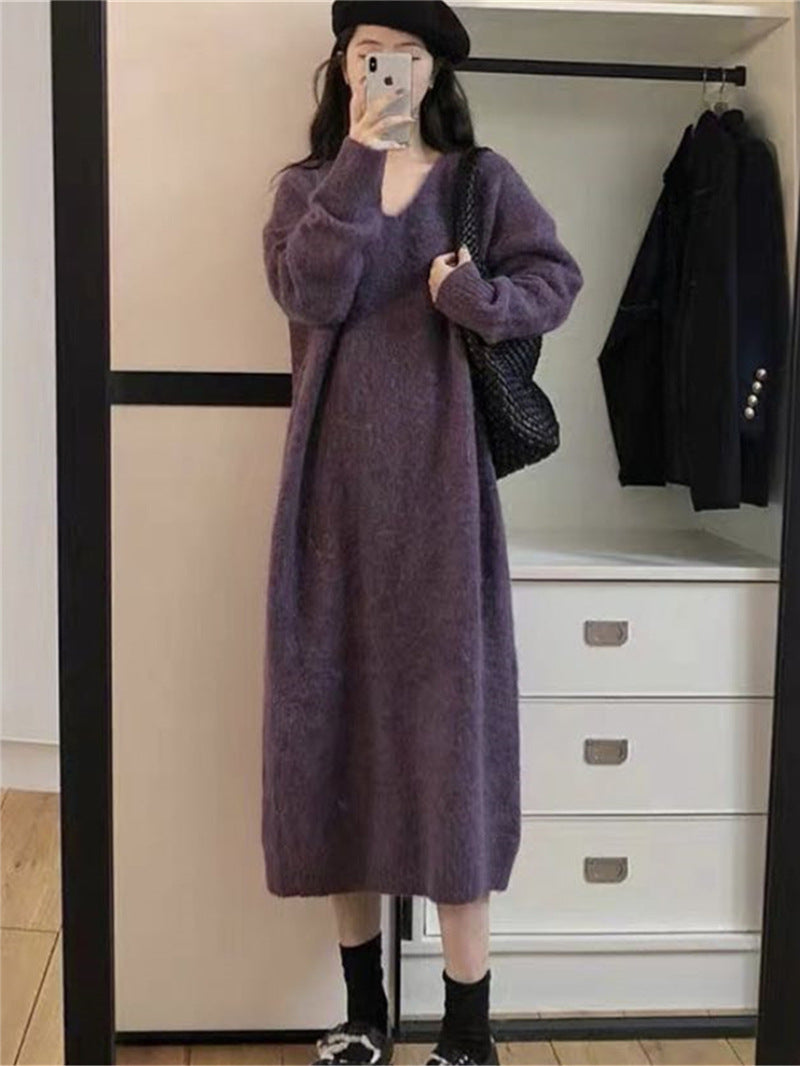 Women's Style Purple Long Dress Simple Western Knitted Dresses