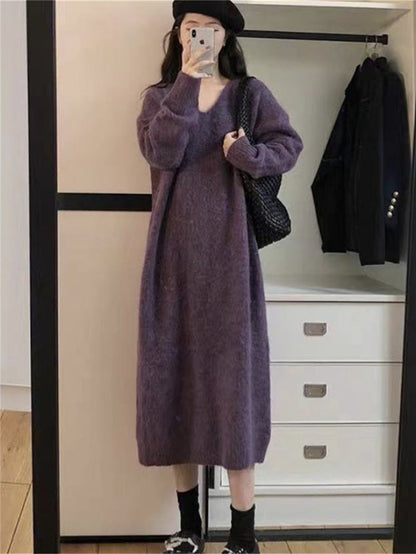 Women's Style Purple Long Dress Simple Western Knitted Dresses