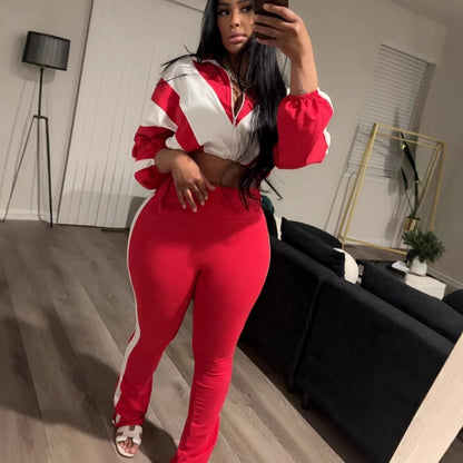 Women's Fashion Zipper Lapel Stitching Loose Zip Suits