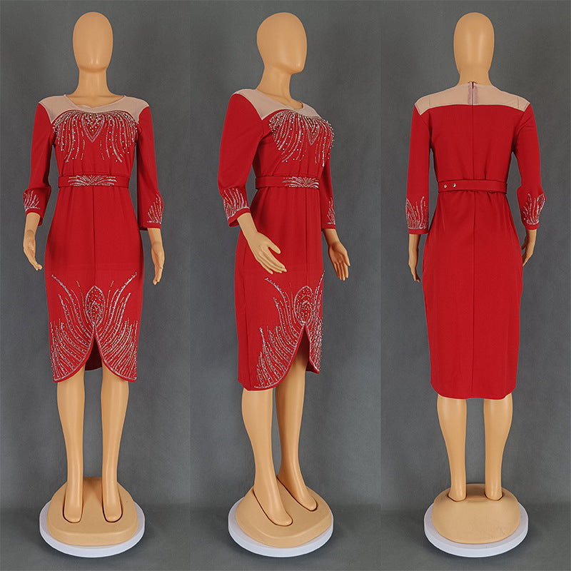 Women's African Fashion Wear Half Sleeve Beaded Hot Drilling Party Dresses