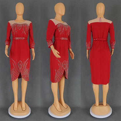 Women's African Fashion Wear Half Sleeve Beaded Hot Drilling Party Dresses