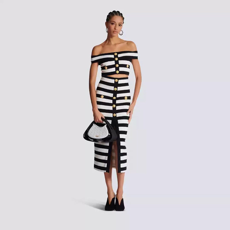 Women's Sexy Gold Buckle Black White Striped Dresses