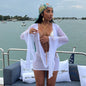 Women Clothing Summer Mesh Swing Collar Wide Hem Long Sleeve Backless Dress