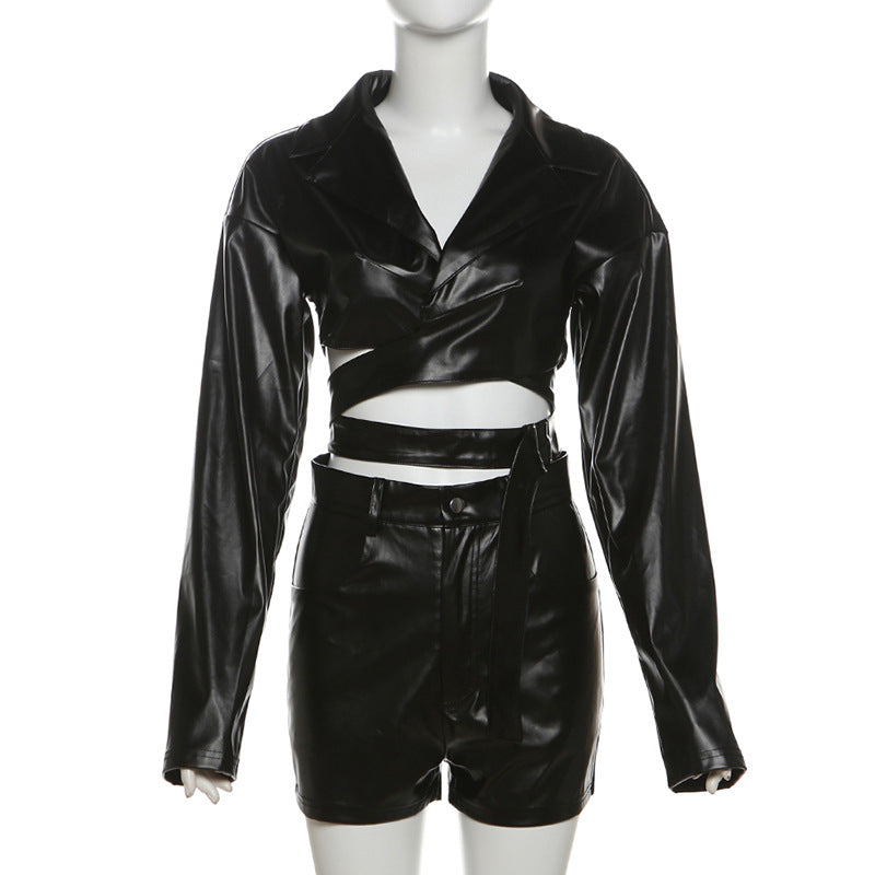 Women's Autumn Fashion Sexy Lapel Leather Tight Suits