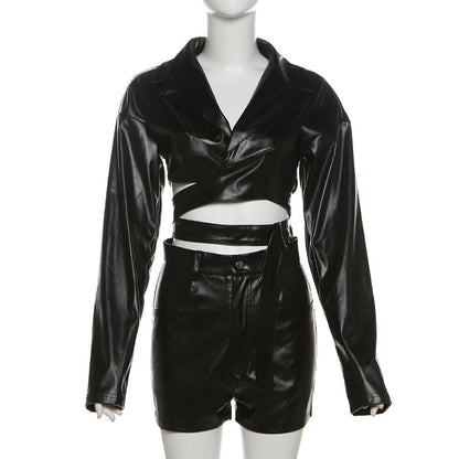 Women's Autumn Fashion Sexy Lapel Leather Tight Suits