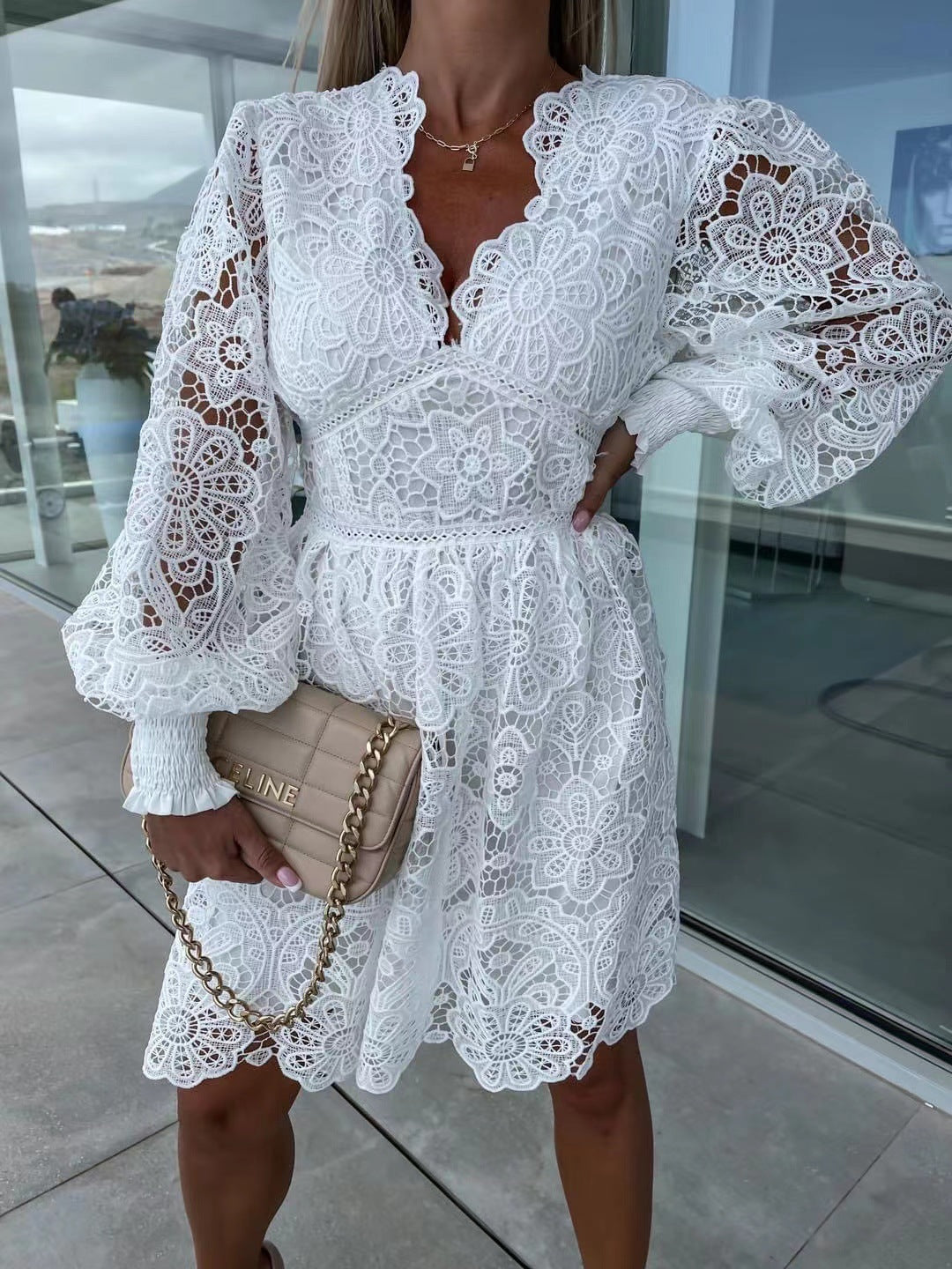 Sexy Hollow Water-soluble Lace Temperament Commute Dresses