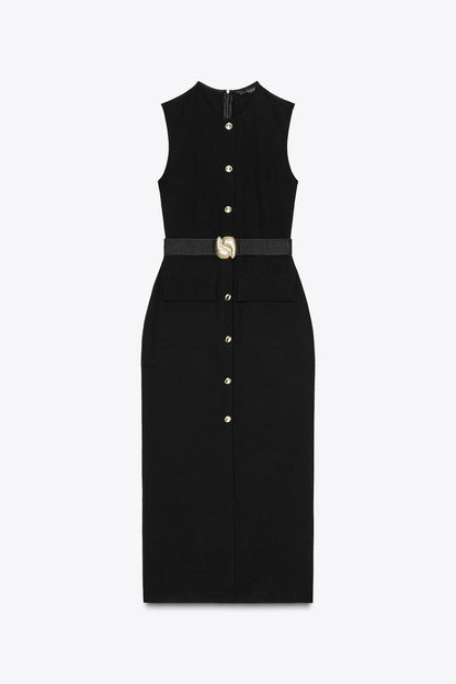 Women's Belt Sleeveless Round Neck Midi Dress Dresses