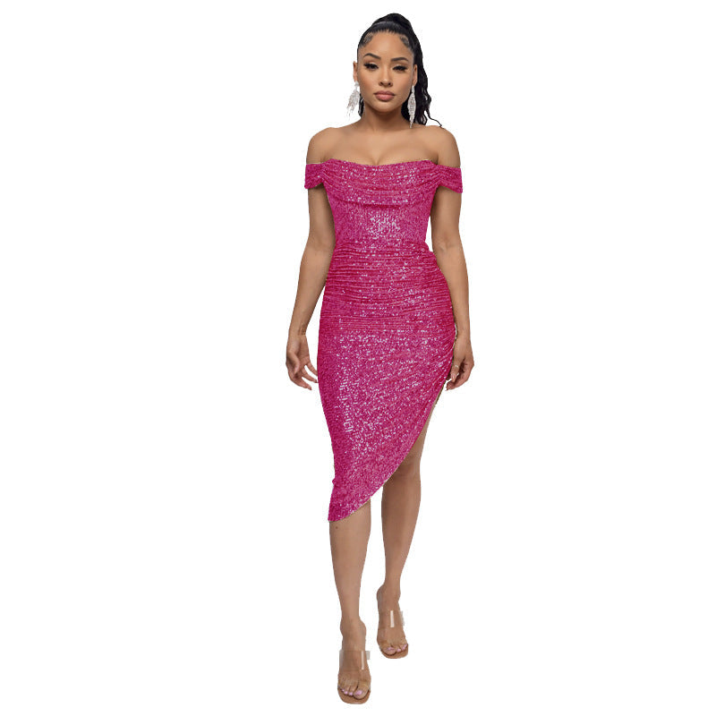 Women's Split Draped Dress Summer Sequined Backless Dresses