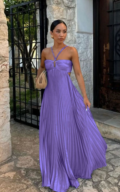 Summer Pure Color Pleated Sleeveless Suspender Dresses