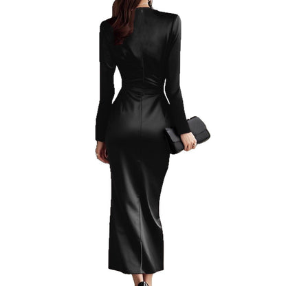 Women's Mid-length Dress Deep Satin Dinner Elegant Dresses