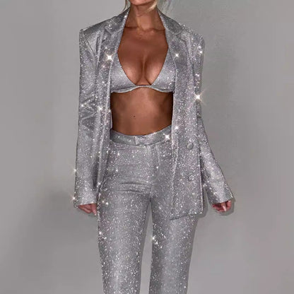 Women's Color Sequins Fashion Casual Set Shirt Suits