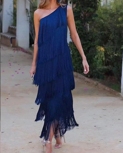 Classy Fashion Tassel Shoulder Asymmetric Dress Dresses