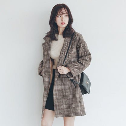 Women's Cotton Padded Plaid Wool Mid-length Slimming Coats