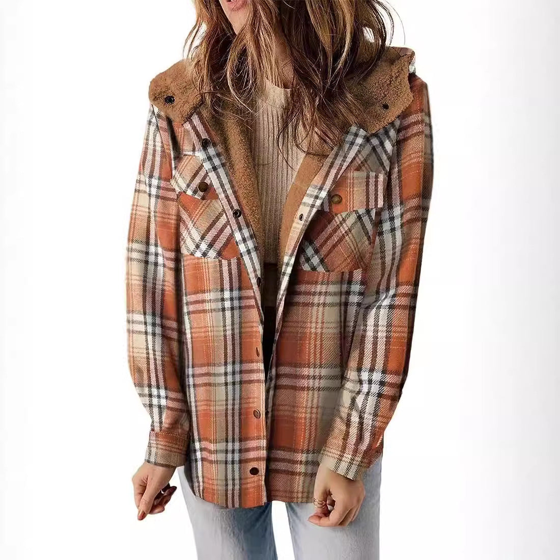 Women's Casual Plaid Hooded Woolen Fleece-lined Warm Coats