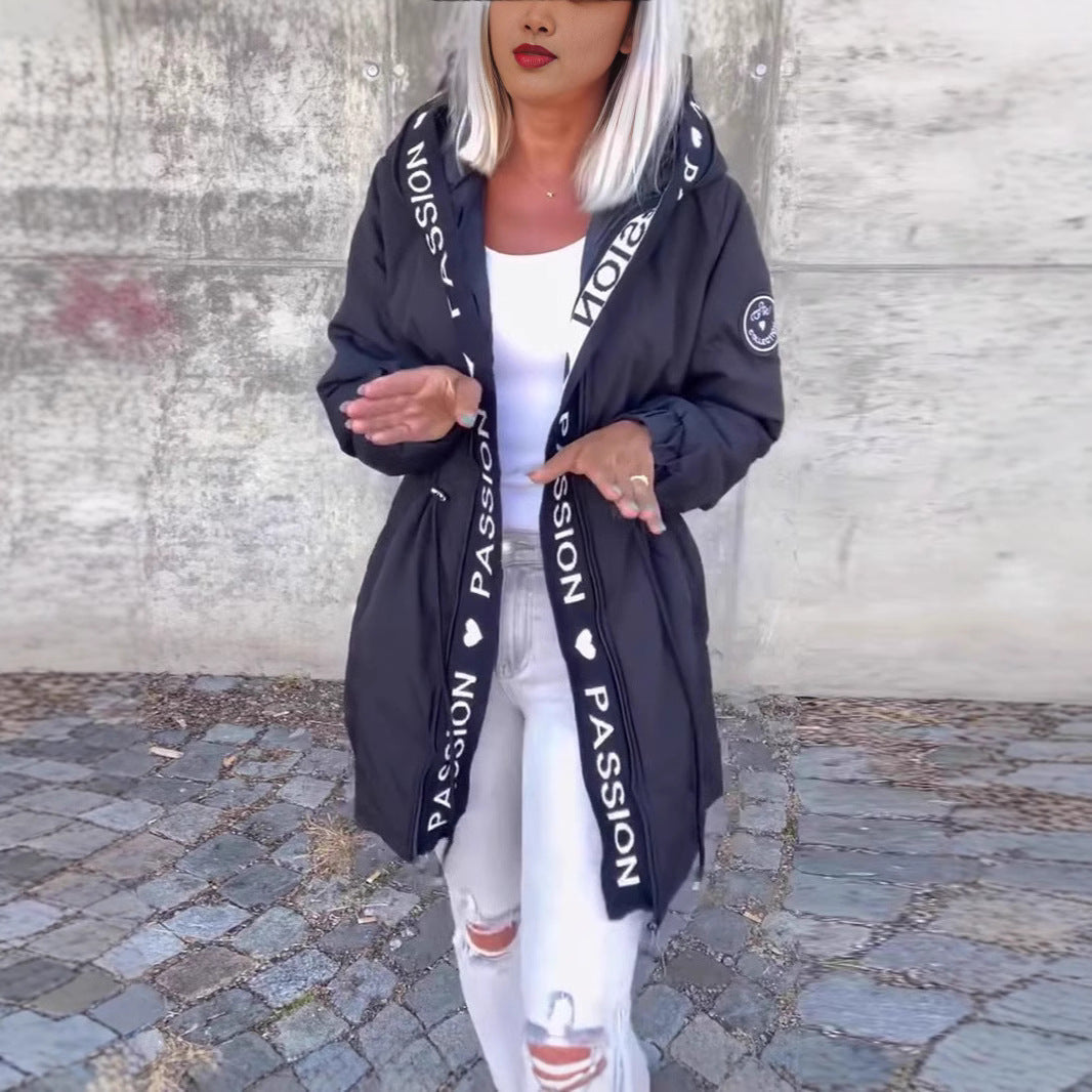 Women's Casual Drawstring Zipper Pocket Letters Coats