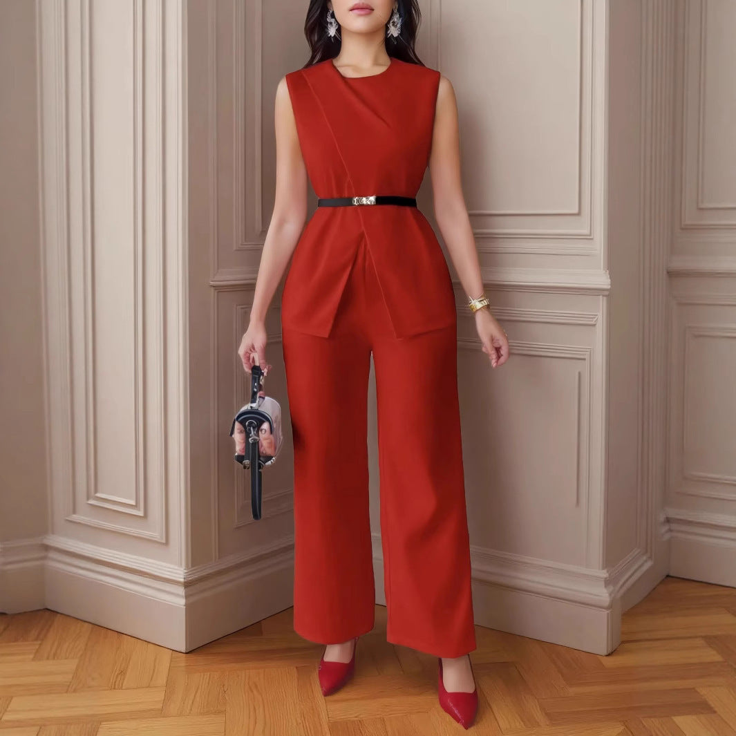 Women's Solid Color Sleeveless Belt Two-piece Casual Suits