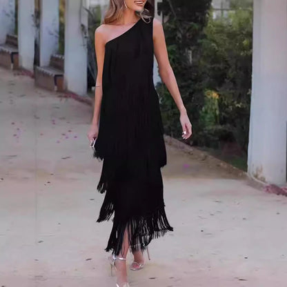 Trendy Fashion Tassel Shoulder Asymmetric Dress Dresses