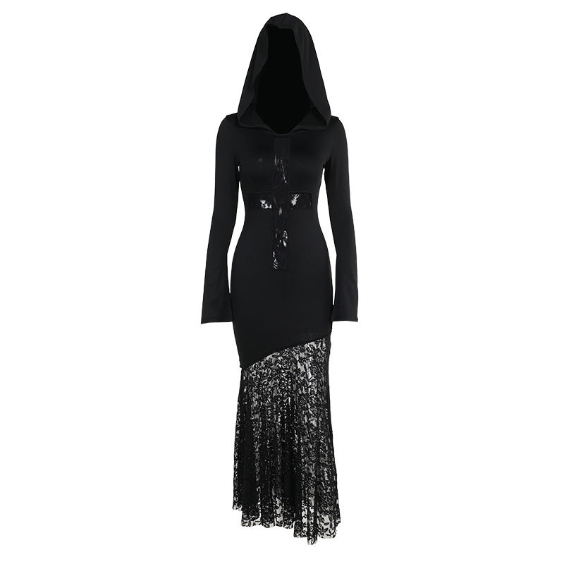 Women's Elegant Hooded Lace Cross Hollow Out Dresses