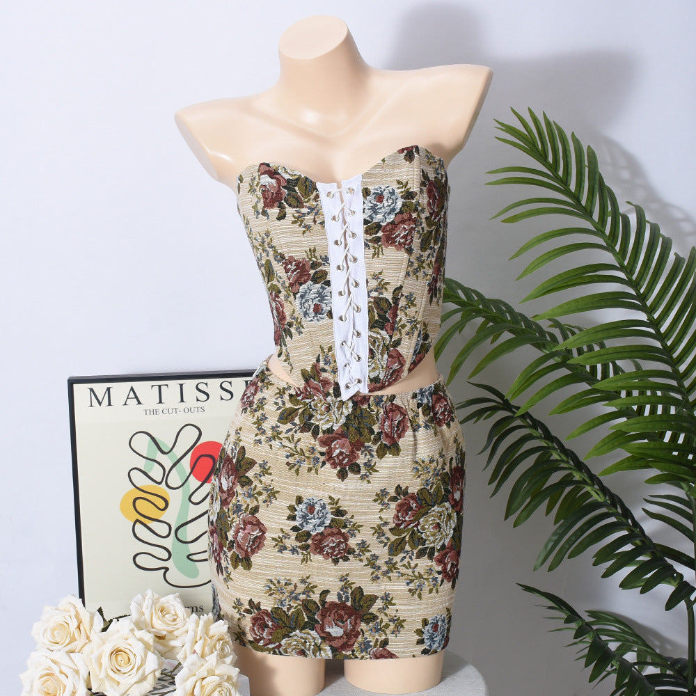 Contrast Color Backless Lace Up Jacquard Suits
