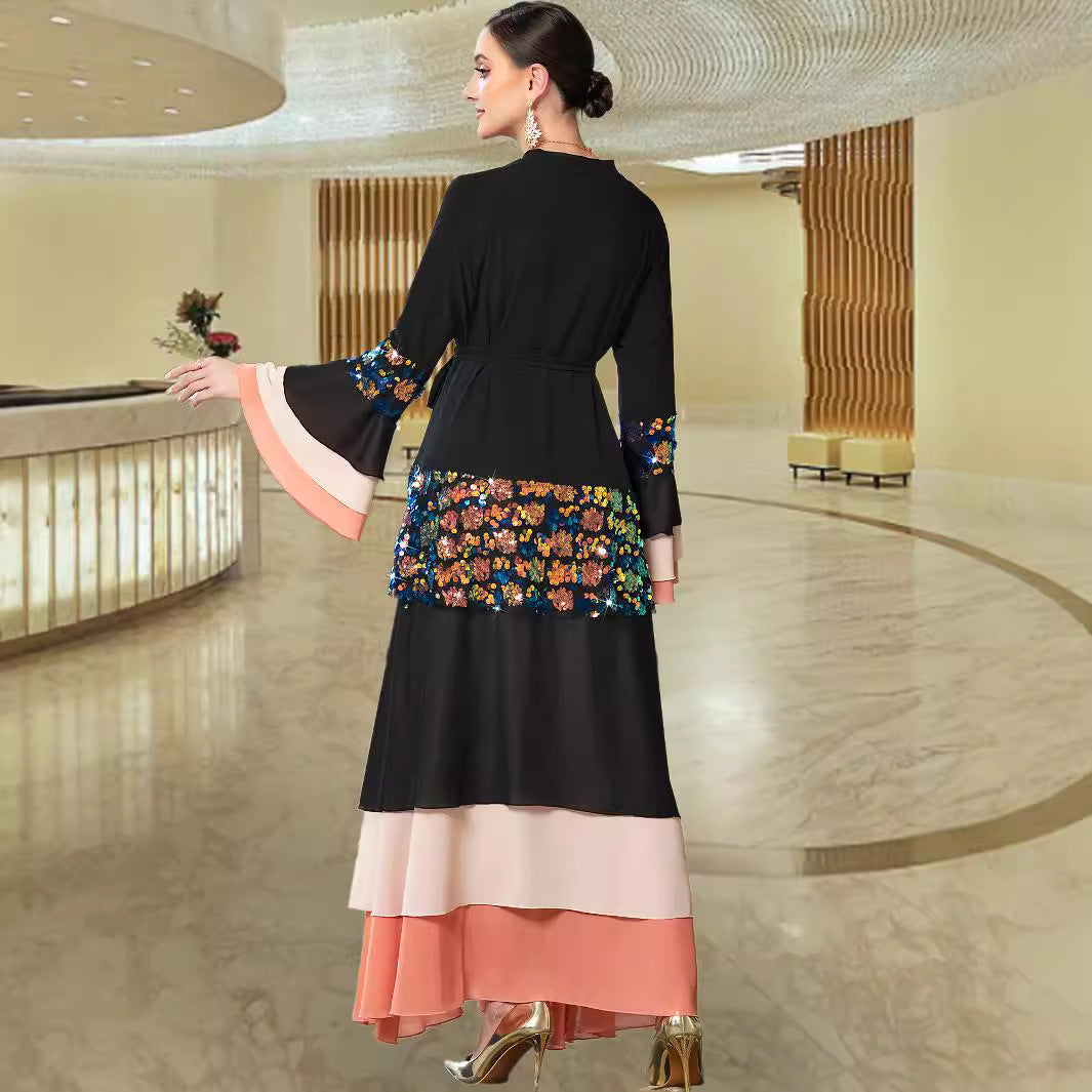 Women's Black Tiered Dress Colorful Sequined Bell Dresses