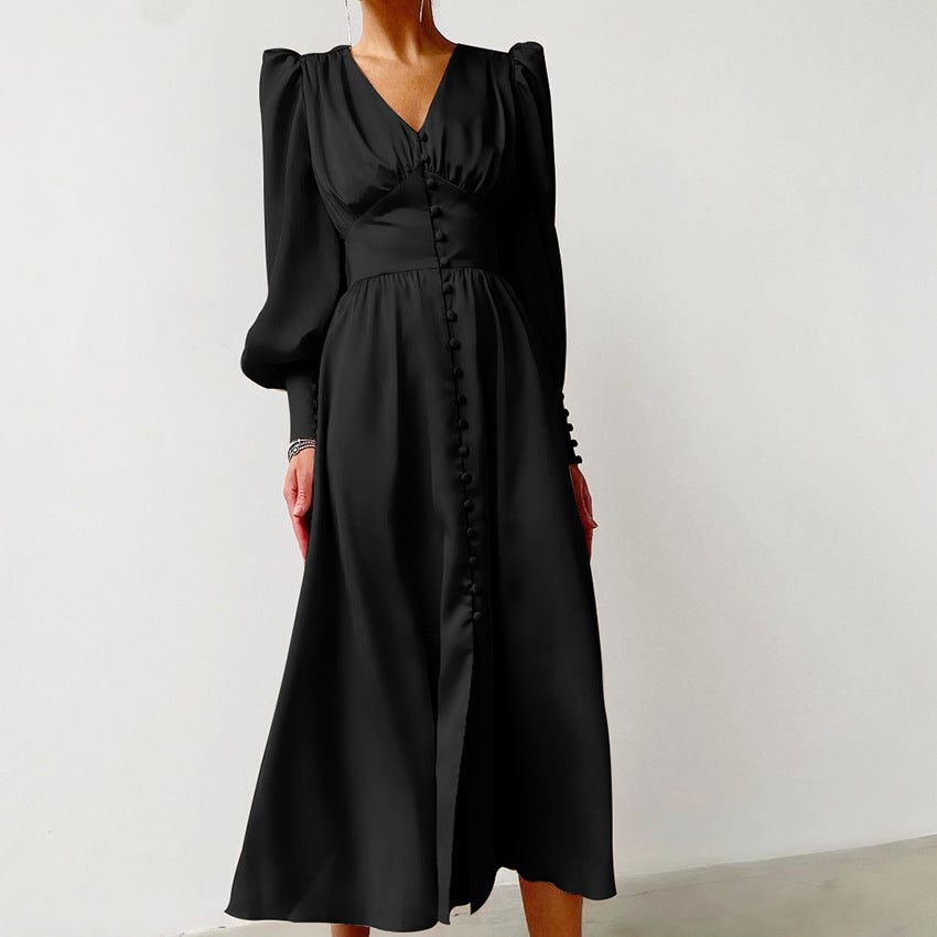 Women's Sleeve Elegant Slim Satin Court Waist Dresses
