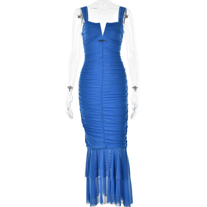 Suspenders Backless Tight Pleated Fishtail Long Dresses