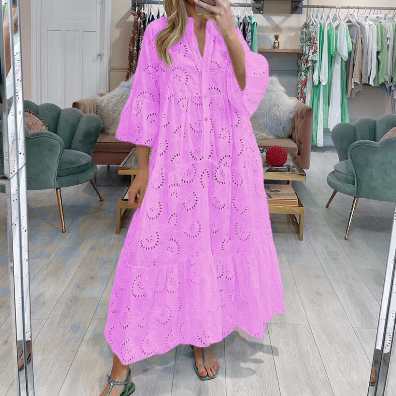 Women's Style Bell Sleeve Lace Solid Color Sexy Long Dresses
