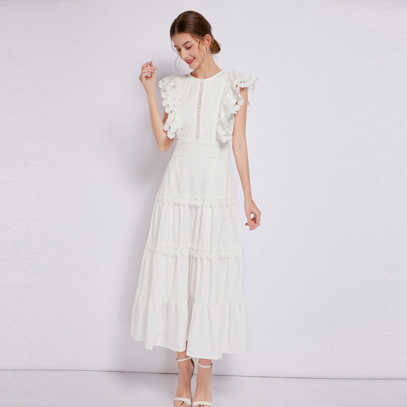 Women's Embroidered Round Neck Flying Sleeves Waist Design Solid Dresses