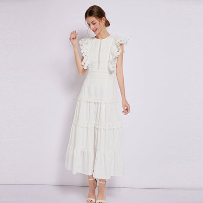 Women's Embroidered Round Neck Flying Sleeves Waist Design Solid Dresses