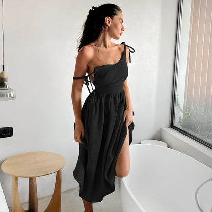 Women's Khaki Cotton Linen Sleeveless Holiday Mid-length Tied Clothing