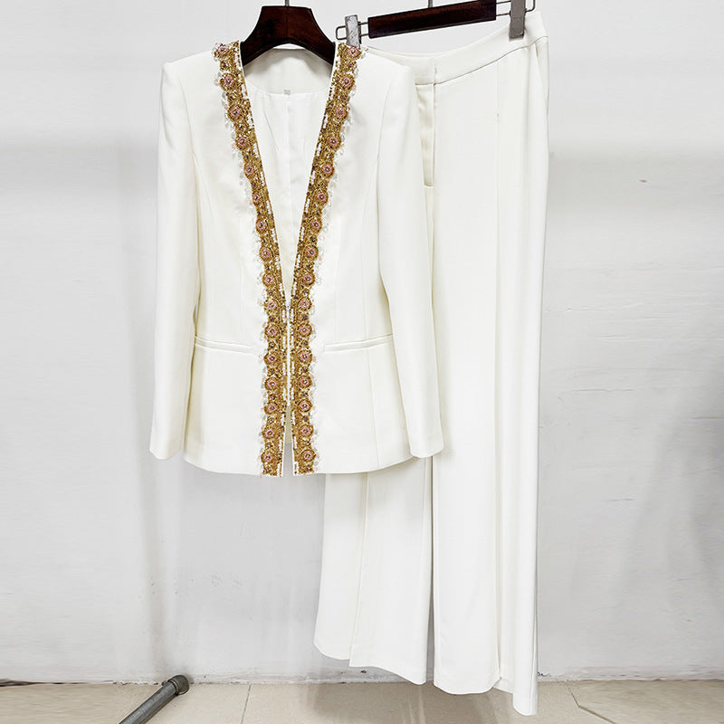 Fashion Embroidered Sequin Bead Diamond Trousers Suits