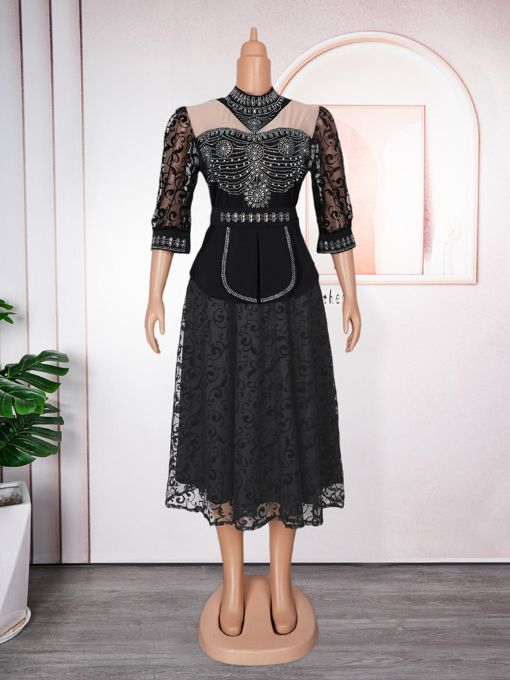Women's African Rhinestone Bubble Beads Drawstring Lace Dresses