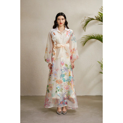 Women's Autumn Three-dimensional Floral Holiday Lapel Lantern Sleeve Dresses