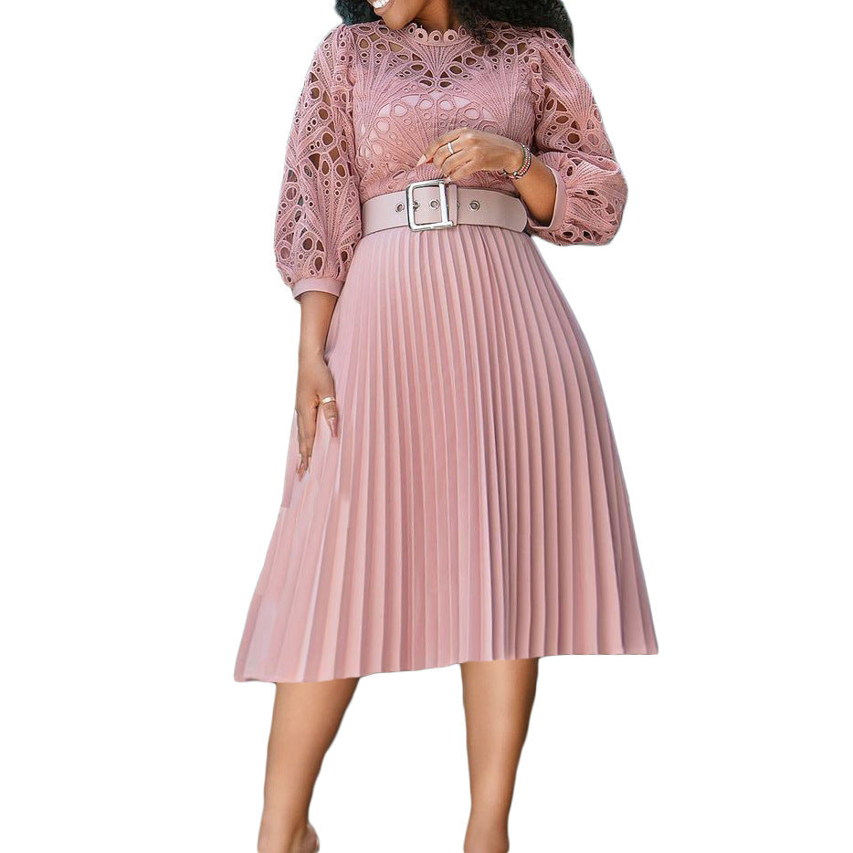Women's Lace Crochet Sexy Cutout Pleated Stitching Dresses