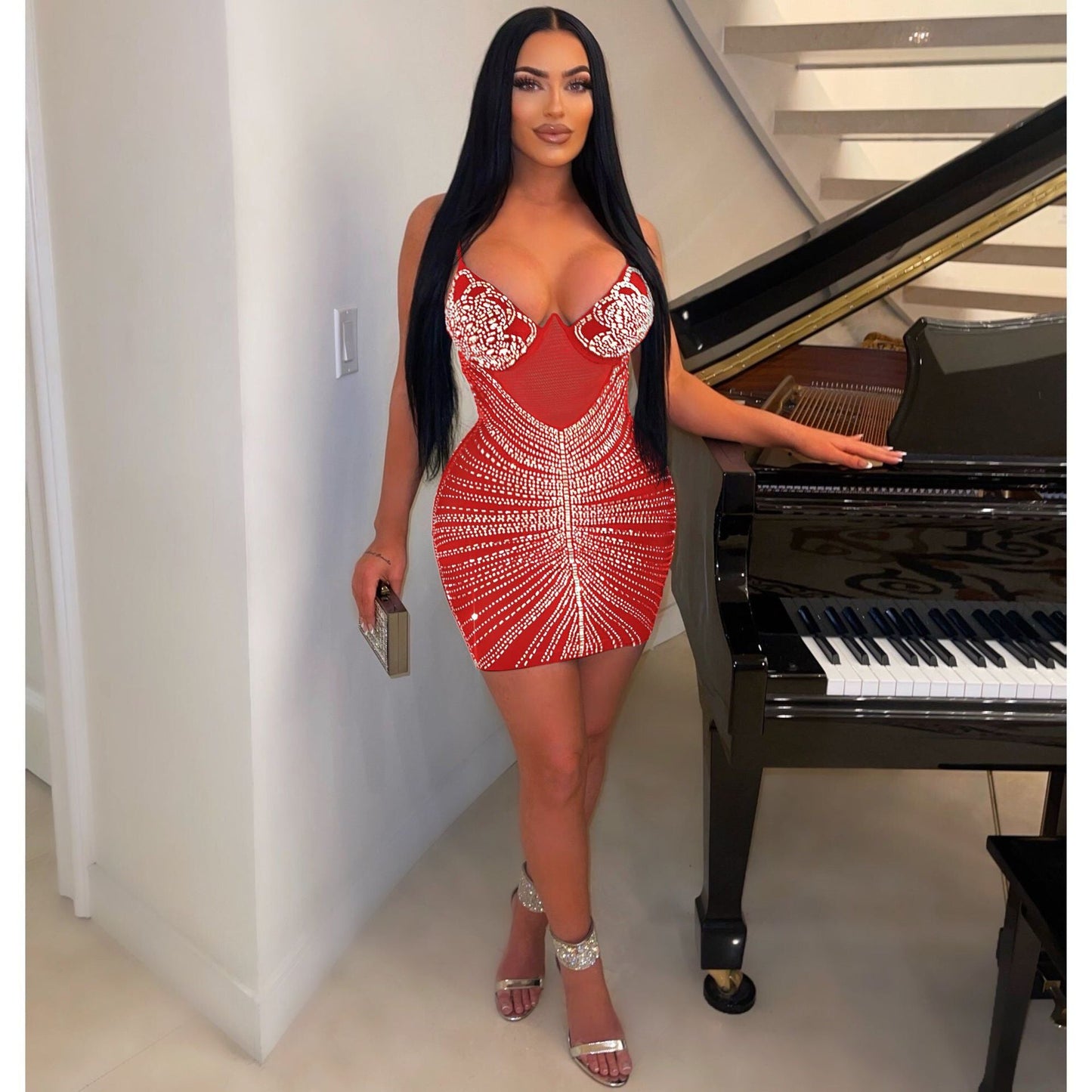 Sexy Rhinestone Strap Dress Nightclub Uniforms Dresses