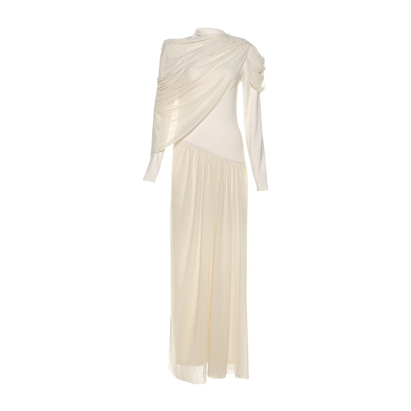 Women's Neck Waist Trimming Pleated Long-sleeved Dress Dresses
