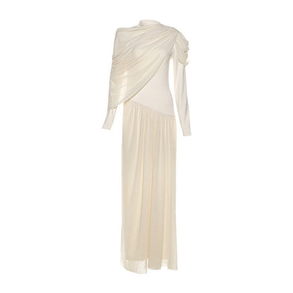 Women's Neck Waist Trimming Pleated Long-sleeved Dress Dresses